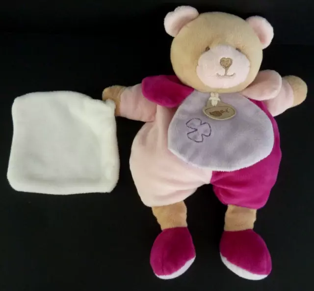 K5. DOUDOU PELUCHE BABY NAT OURS rose fushia mauve mouchoir blanc 25cm - TTBE