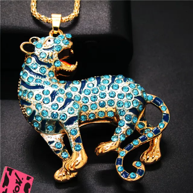 Hot Betsey Johnson Blue Rhinestone Animal Tiger Crystal Pendant Chain Necklace