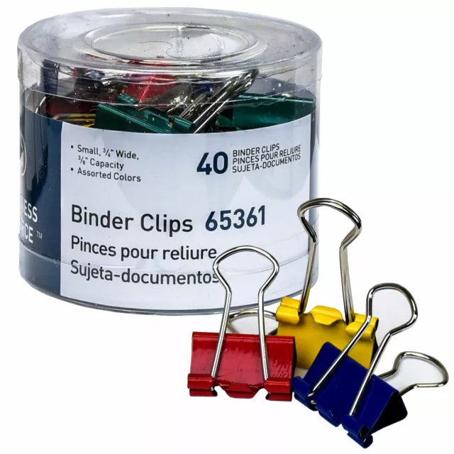 Business Source 65361 Small Binder Clips, 3/4" Wide, Assorted Colors, Tub of 40