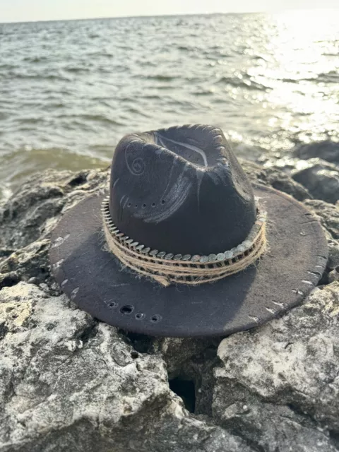 Custom Western Hat-Black W/ Burnt Design-Nail Band “Trust No One” Tazzle Hat Co.