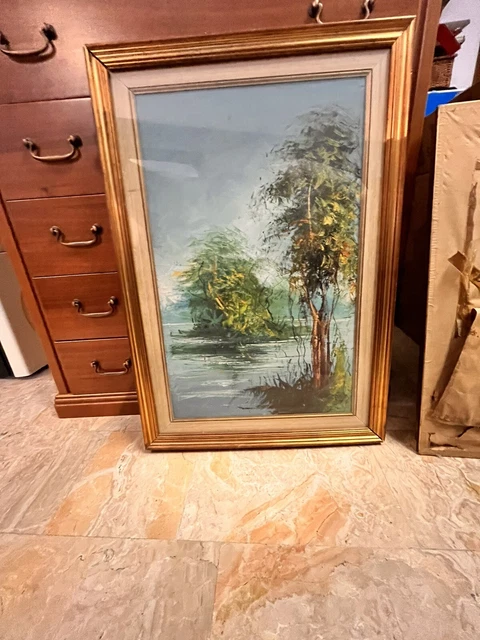 quadro olio su tela 58x78 Cm paesaggio Fluviale Autore Sconosciuto