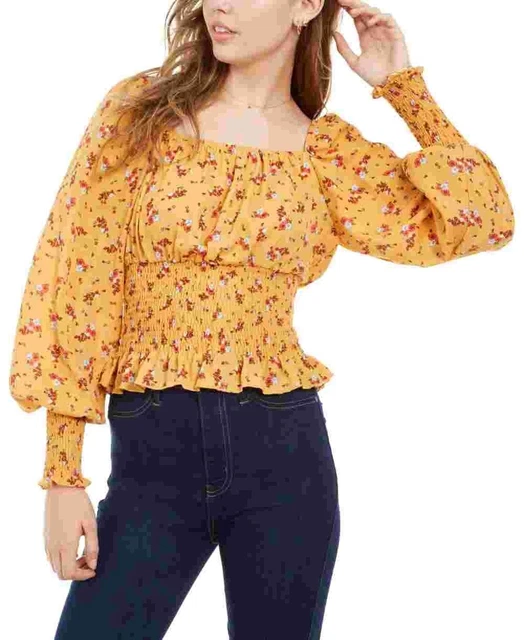 Ultra Flirt Junior's Smocked Waist Peasant Top Yellow Size X-Large