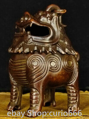 3.7" Rare Old Chinese Pure Bronze Dragon Unicorn Beast Incense Burner Censer 2
