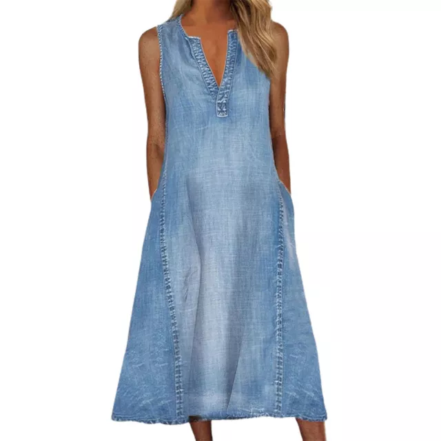 Women  Sleeveless V Neck Denim Dress  Pockets Large Hem Midi Dress RI