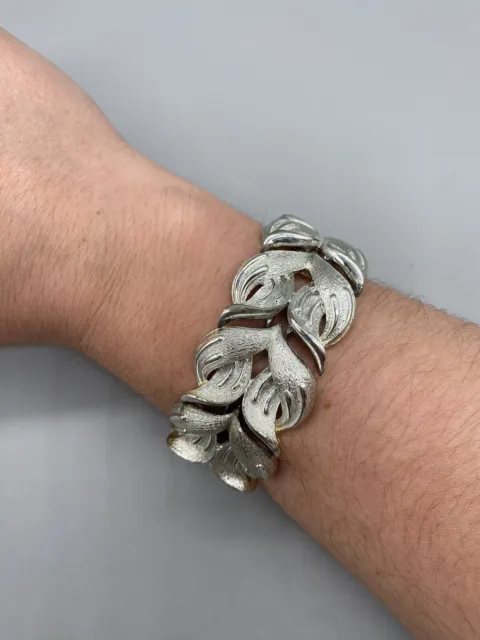 Vintage Signed Coro Pegasus Silver Tone Leaf Wide Bracelet