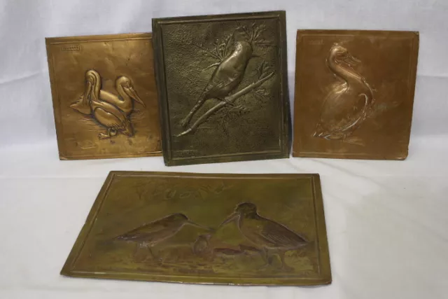 Lot of 4 Vintage Copper Impressions, Woodcocks, Bluejay, Pelican, Goose 16" X 11