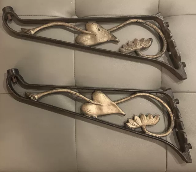 Antique Pair Large Cast Iron Leaf Flower Brackets Sign Shelf Flag Lantern
