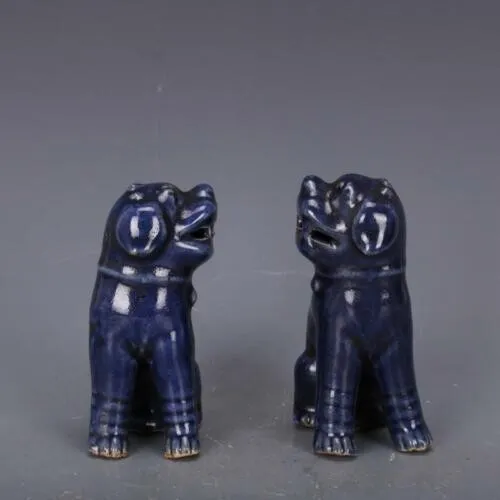 4.8" Chinese Old Pair Sacrificial Blue Glaze Porcelain Foo Dogs Statues