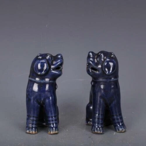 4.8" Chinese Old Pair Sacrificial Blue Glaze Porcelain Foo Dogs Statues