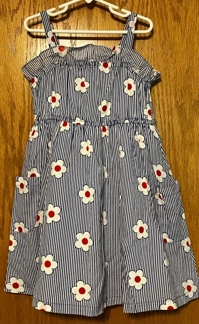Mini Boden Girls Blue White Red Flowers Summer Dress Ruffle Pockets 5 6 Elastic