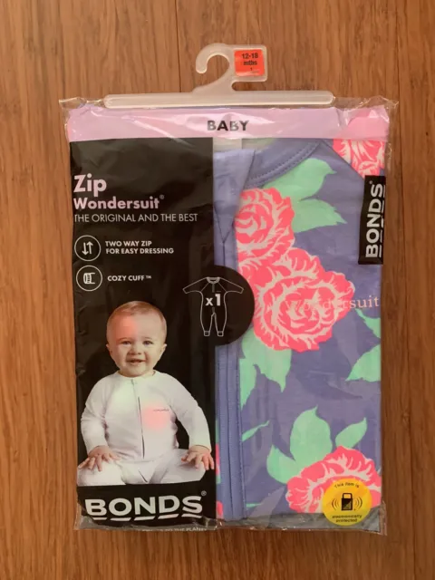 Bonds Baby Girl Blue Rose Long Sleeve Zip Wondersuit Size 1 BNIP