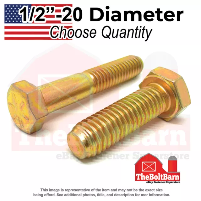 1/2"-20 Grade 8 Fine Hex Cap Screws Zinc Yellow USA Made (Choose Length & Qty)