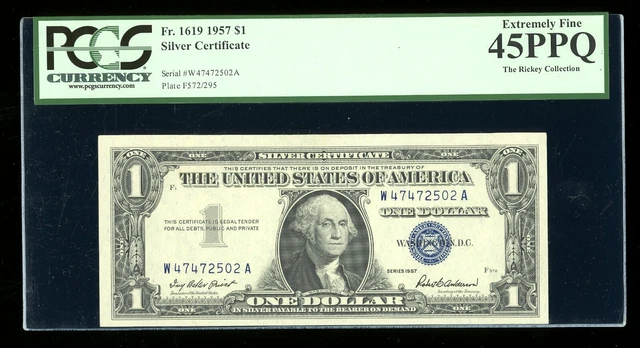 DBR 1957 Silver Fr. 1619 WA Block PCGS 45 PPQ Serial W47472502A
