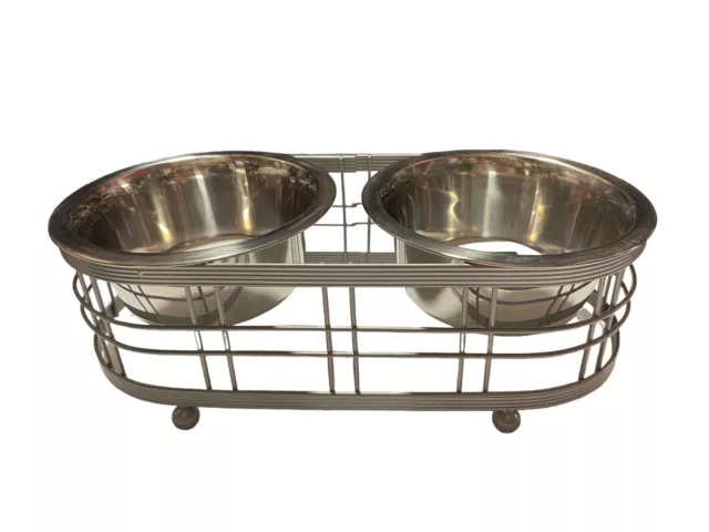 STAINLESS STEEL Elevated Double Pet Feeder DOG CAT Water & Food Dish w/ Stand SM 2