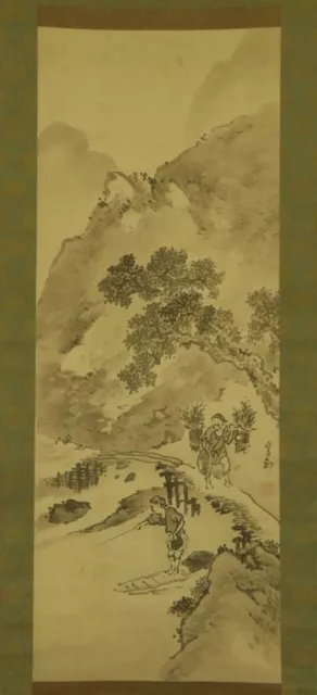 JAPANESE HANGING SCROLL Chinese ink Painting Scenery Asian antique Ganku岸驹 6045