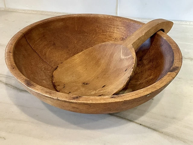 Antique Primitive MUNISING Wood Wooden Dough Bowl + Early Butter Paddle Scoop