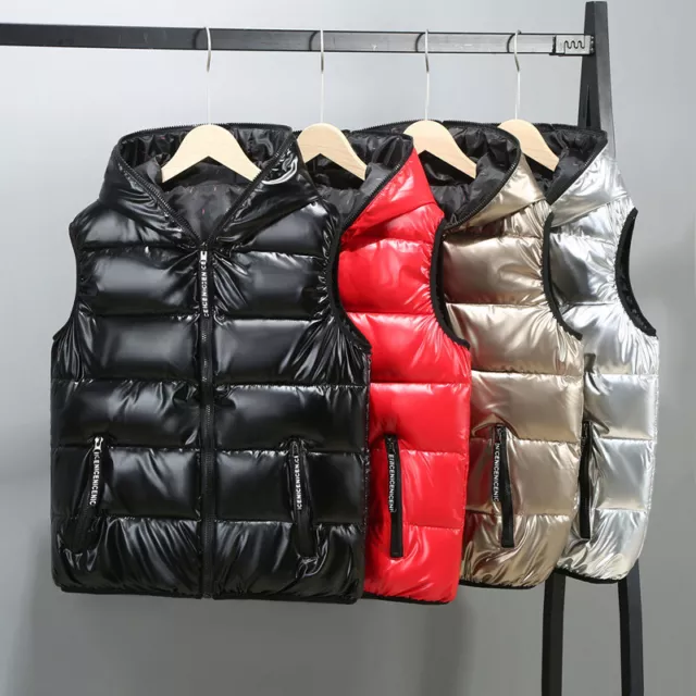 Mens Puffer Quilted Hooded Waistcoat Metallic Shiny Gilet Bubble Jacket Coat