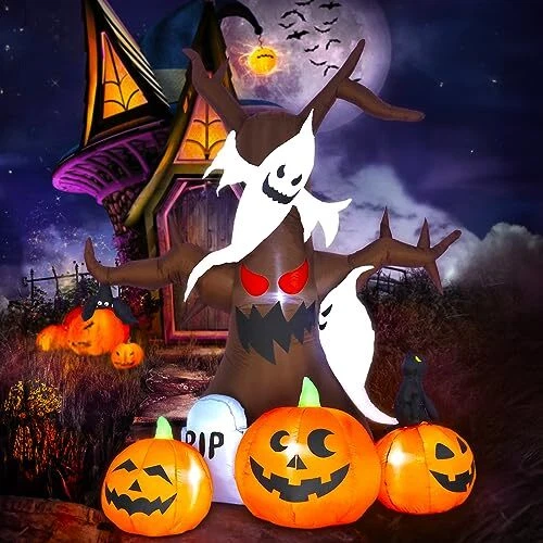 Dawdix 8FT Halloween Inflatables, Halloween Blow Up Cat,3 Halloween Ghosts Tree