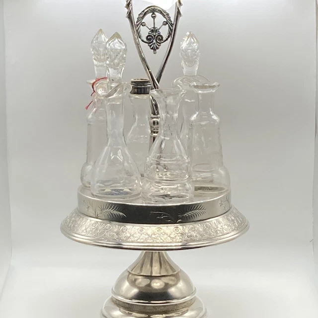 Pairpoint Silverplate Cruet Condiment Castor Set with Etched Glass Bottles