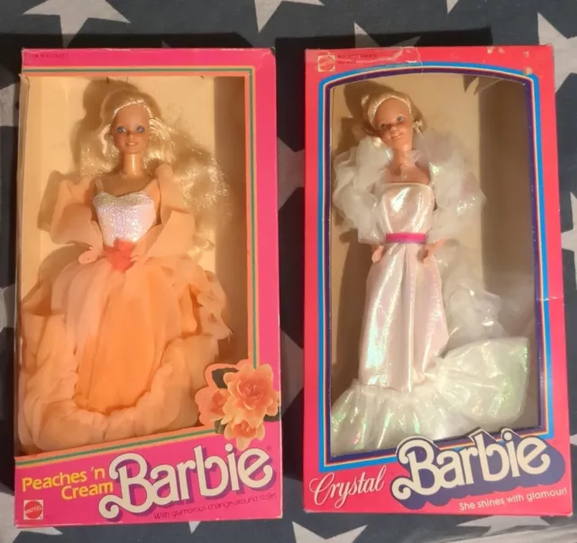 (2) Barbie LOT 1984 Peaches N" Cream #7926 & 1983 Crystal Barbie #4598 *NR-D+Box