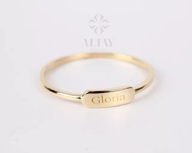 14K Gold Dainty Bar Ring, Personalized Name Ring, Custom Rectangle Ring, Roman