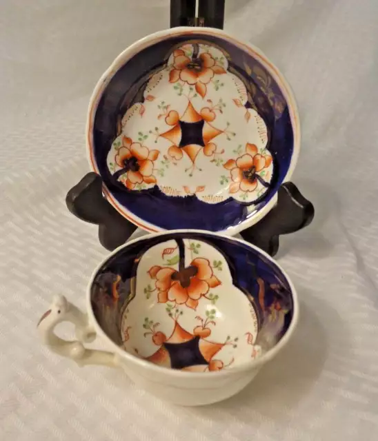 Colorful Antique Staffordshire Porcelain Gaudy Welsh Cup & Saucer  c. 1840