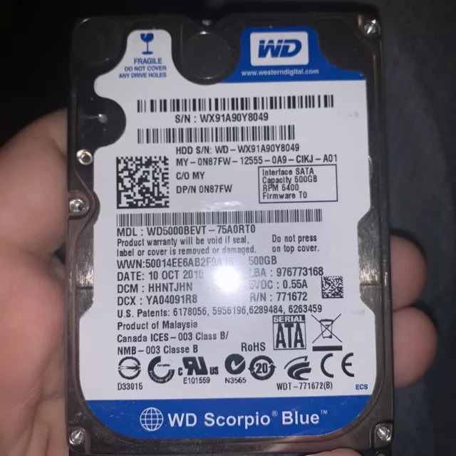 Western Digital Scorpio Blue WD5000BEVT 500GB 2.5" SATA II Laptop Hard Drive