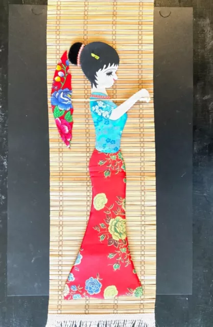 Bamboo wall decor. Anime Chinese Woman in traditional Garb and Umbrella. 30”.