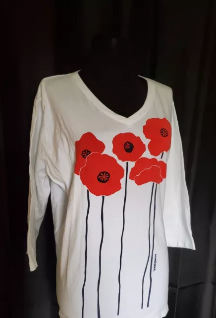 Marushka Hand Printed Women's Size XL Red Poppies V Neck  3/4 sleeve T shirt top