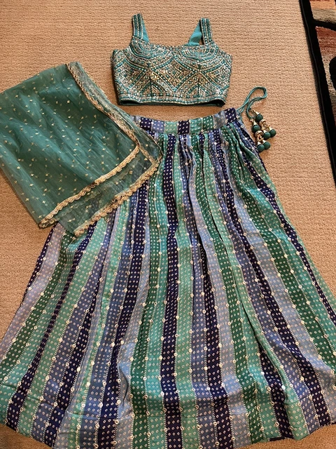 Nareeka Collection Indian Green, Blue & Gold Sequin Lengha, Blouse, Chuni- Small