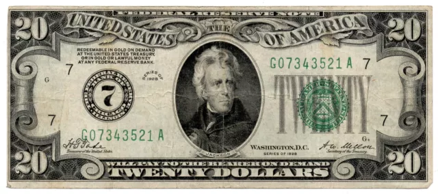 1928 $20 Frn Chicago Numerical 7 ~ Vf!  #07343521