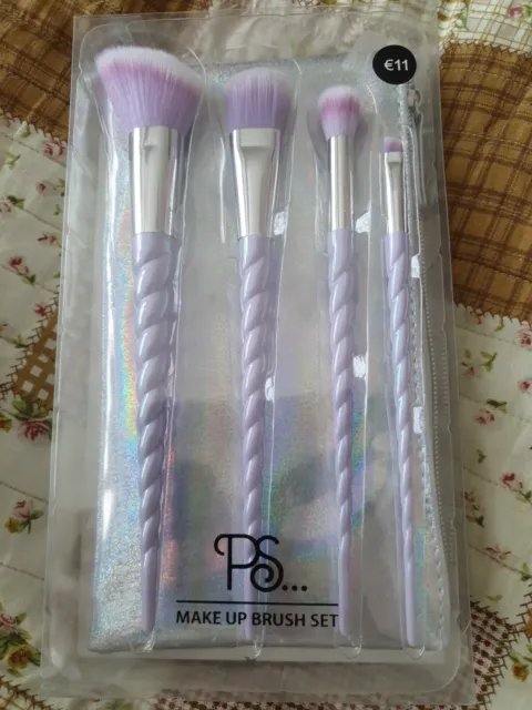 Set 4 PS Unicorn Make Up Brushes With Glitter Zip Pouch Lilac Eu Primark