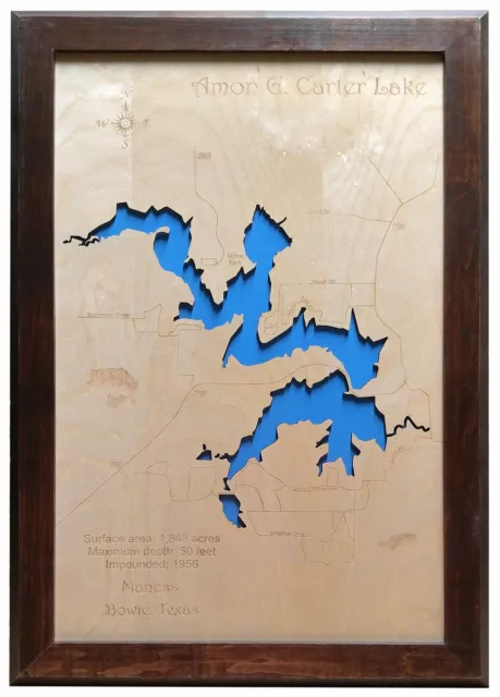 Lake Amon G. Carter, Texas - Laser Cut Wood Map | Wall Art | Made to Order