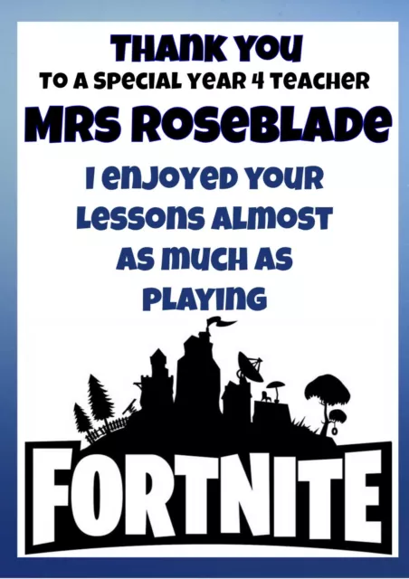 Personalised Fortnite Thank You Teacher card any name/relation