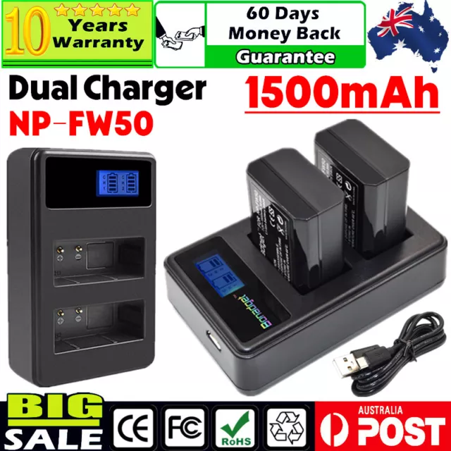 2x 1500mAh NP-FW50 Battery +USB LCD Dual Charger for Sony Alpha A7 A7R A7S A5000