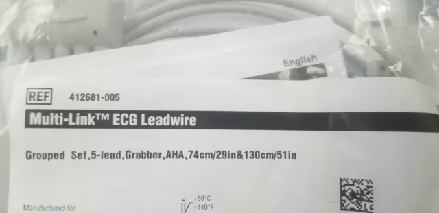 GE Multi-Link ECG Leadwire, Replaceable Set 5-Lead Grabber, AHA 412681-003 NOS