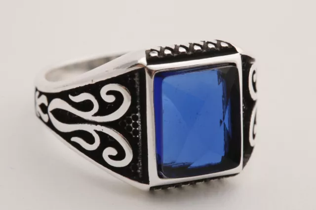 Turkish Style Handmade Jewelry Rectangle Sapphire925 Sterling Silver Men's Ring