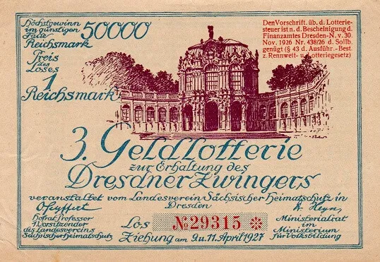 Lotterie-Los Dresden, 3. Geldlotterie Dresdner Zwinger, 1927, 1 Reichsmark