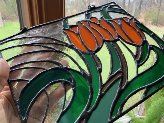 🔥Vintage OLD Stained Glass Hanging Art-Sun Catcher, Tulips