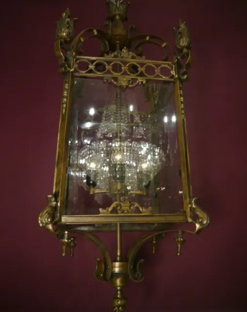 Large Lantern Lamp Heavy Antique Bronze Chandelier Lead Cut Glass Ø 17"