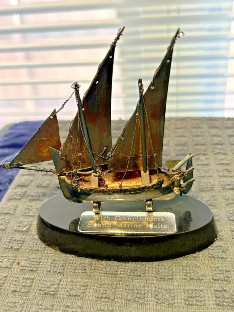 Sterling Silver Sailing Ship 4.5" High On Stand-Compliments Strand Marine Malta