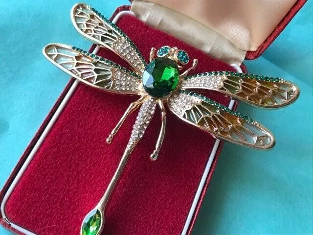 Large Vintage Style Enamel Peridot Glass Crystal DRAGONFLY Brooch