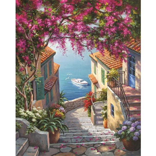 Pintura sin marco por números casa junto al mar hágalo usted mismo dibujo pintado a mano sobre lienzo
