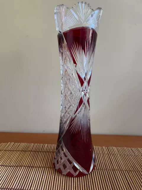 Vintage Bohemian Cut to Clear glass vase with ruby red overlay, 30cm tall
