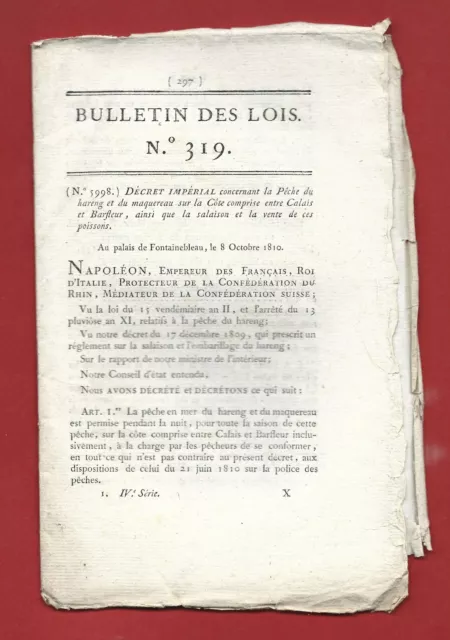 1810 Decret Napoleon I Er Peche Et Salaison Du Hareng Entre Calais Et Barfleur