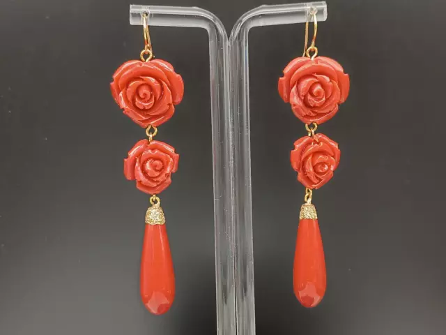 Pendientes Mujer Coral Rojo Colgantes Plata 925 Chapado en Oro Pasta De Coral