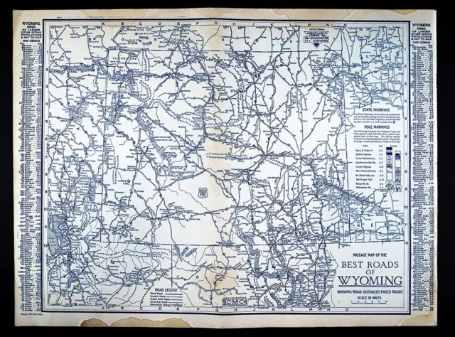 1926 Clason Auto Road Map Wyoming Cheyenne Casper Cody Yellowstone National Park