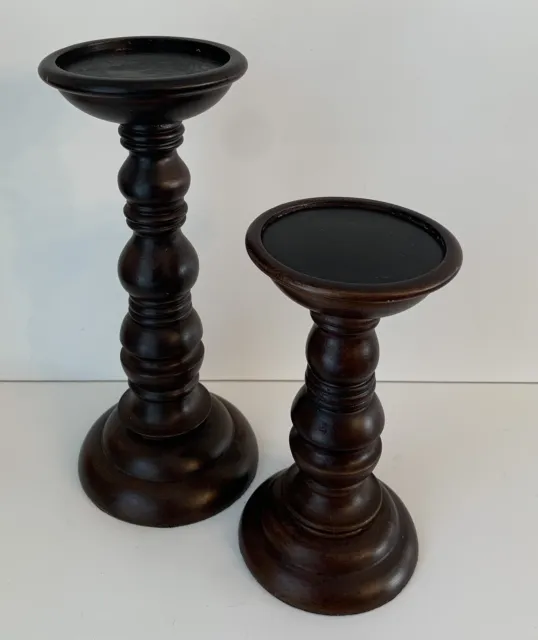 2 Pottery Barn Outlet Turned Dark Wood 7” & 9.5” Pillar Candle Holders in EUC