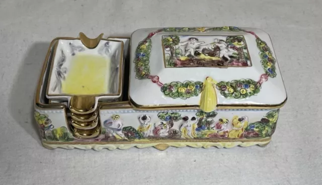 R. Capodimonte Porcelain hand decorated Cigarette cigar box with 4 ashtrays