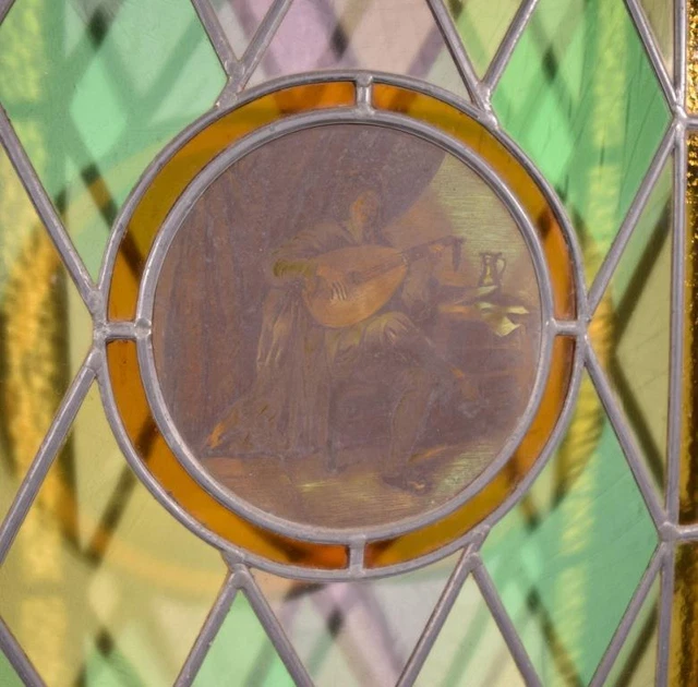 *Set of Three Pine Antique French Stained Glass Doors with Images of Paintings 13